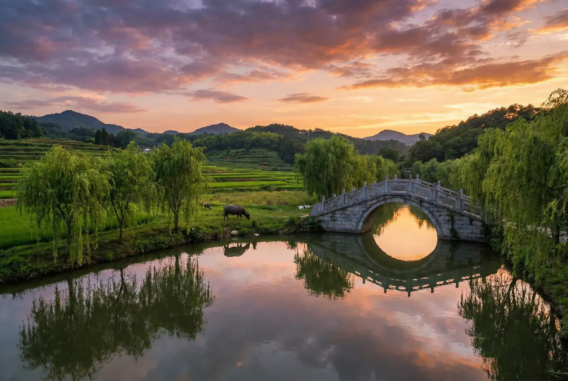 夕阳下的石拱桥与垂柳，水牛在河边吃草 - 蘑菇影视 我妈妈的职业 乡村美景